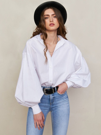 Shirt For Women White Buttons Turndown Collar Casual Long Sleeves Tops