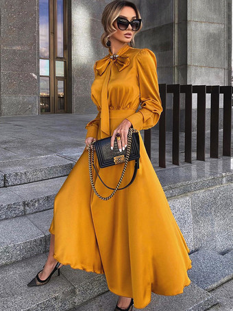 Women Long Dress Orange Yellow Turndown Collar Long Sleeves Maxi Dress