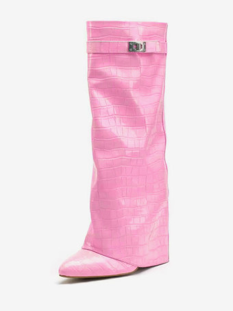 Pink Wide Calf Boots Croc Pattern Heeled Lock Straight Shaft Foldover Knee High Boots