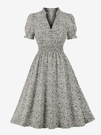 Vintage Kleid der 1950er Jahre Audrey Hepburn Stil Salbei Blumendruck Frau Knöpfe kurze Ärmel V-Ausschnitt Rockabilly Kleid