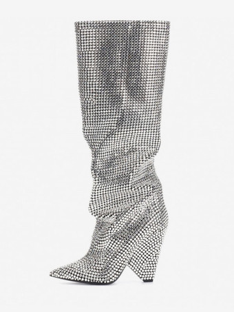 Damen-Slouch-Stiefel Elegante kniehohe Stiefel mit Kegelabsatz und Strasssteinen
