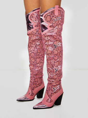 Women Western Boots Snake Pattern Pointed Toe Over The Knee Boots Leather Chunky Heel Thigh High Boots