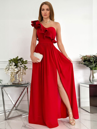 One-Shoulder Maxi Dress Sleeveless Low-slit Long Dress