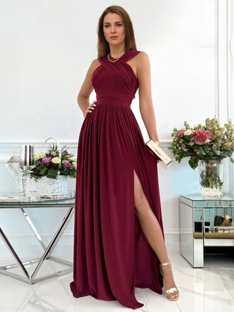 Long Party Dress Cross Neck Split Solid Color Maxi Prom Dress For Women