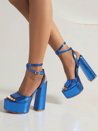 Women's Prom Sandals Blue Open Toe Block Heel Ankle Strap Sandals