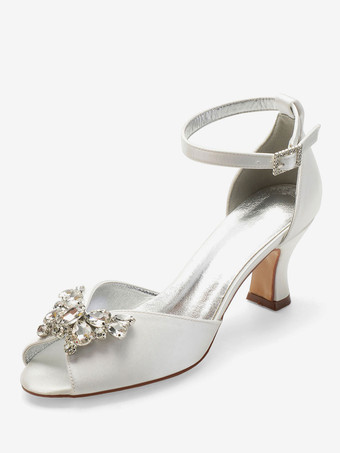 Marfil Zapatos de novia Satén Peep Toe Diamantes de imitación Chunky Tacón Zapatos de novia