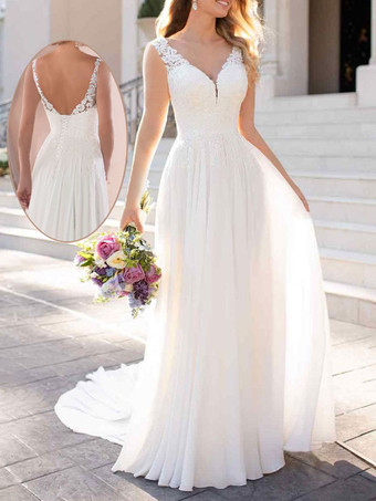 Simple Wedding Dress Lace V-Neck Sleeveless Lace A-Line Bridal Gowns Free Customization