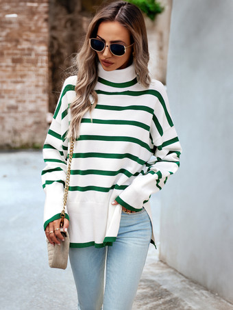 Women Pullover Sweater Green Split Front Stripes High Collar Long Sleeves Acrylic Sweaters