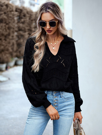 Women Pullover Tops Black Turndown Collar Long Sleeves Sweaters