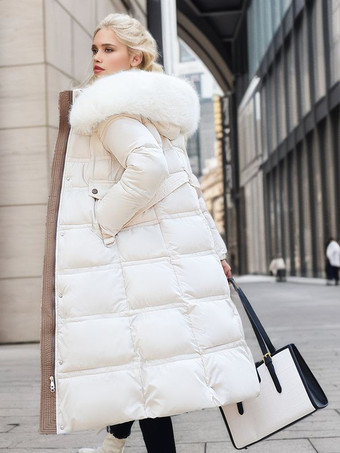 Puffer Coats For Women Stand Collar Faux Fur Long Winter Outerwear