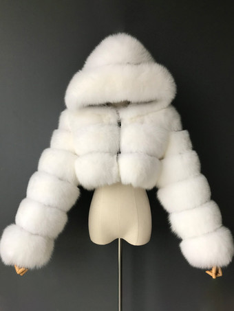 Casacos de pele sintética brancos com capuz jaqueta curta feminina de inverno