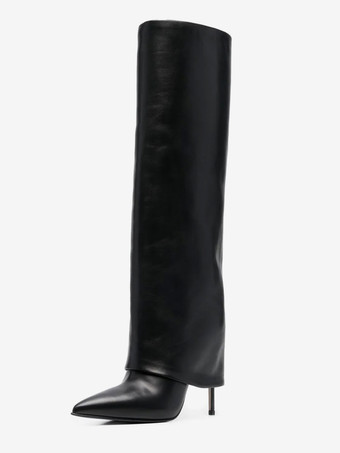 Black Pointed Toe Foldover Knee High Boots