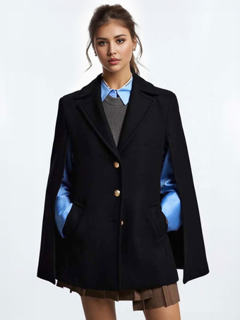 Women Black Poncho Coat V-Neck Cloak Cape Winter Outerwear 2023