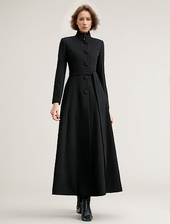 Woman's Outerwear Black Sash Winter Warm Wool Coat 2023