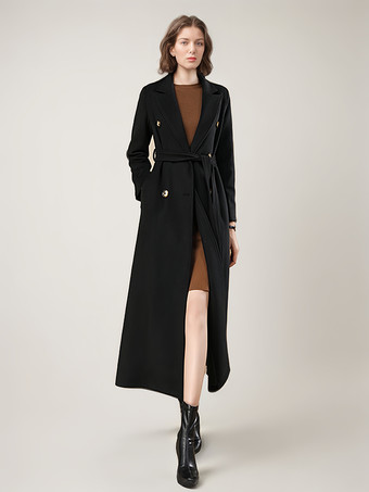 Woman's Wool Coats Belted Black Maxi Outerwear 2023