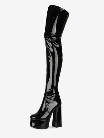 Stivali sopra il ginocchio Punta tonda nera Tacco grosso Tacco alto Piattaforma Stivali invernali in pelle brillante per donna