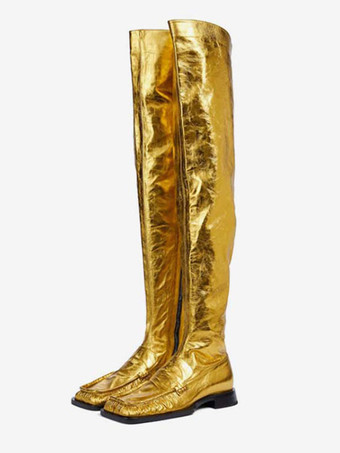 Women's Flat Boots Metallic Square Toe Over The Knee Boots in Gold