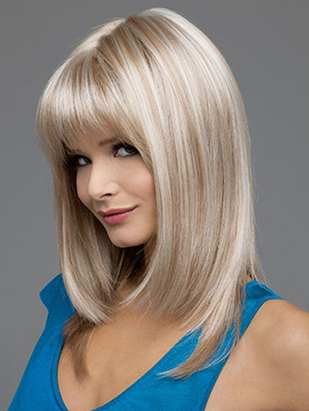 Blond Hair Wigs 2023 Women Straight Mid Length Synthetic Wigs With Bangs