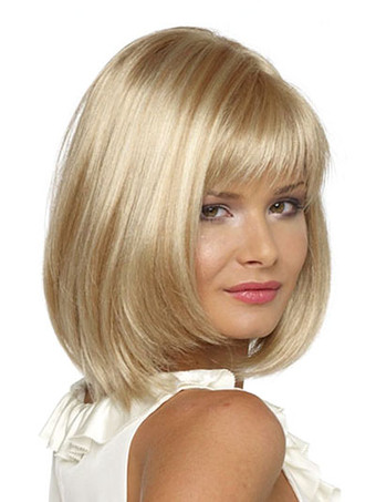 Women Hair Wigs 2023 Blonde Layered Blunt Fringe Straight Shoulder Length Wig Synthetic Wigs