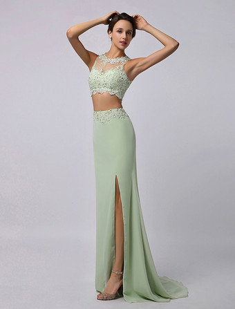 Two Piece Prom Dress 2023 Long Sage Green Crop Top Chiffon Beading Lace Applique Party Dress With Train Milanoo