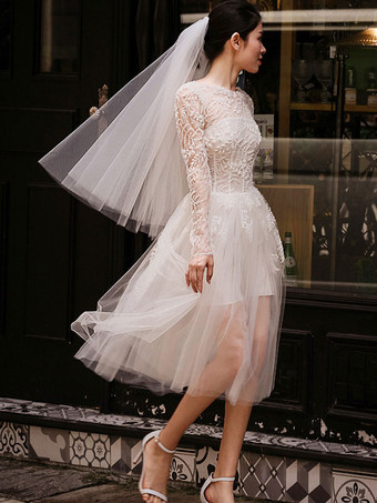 Vestidos de novia cortos Vestido de novia de manga larga de ilusión de longitud de té de encaje blanco
