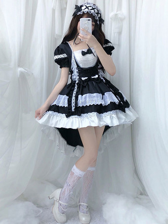 lolita OP dress Maid Two-Tone Black Ruffles Lolita Abiti di un pezzo